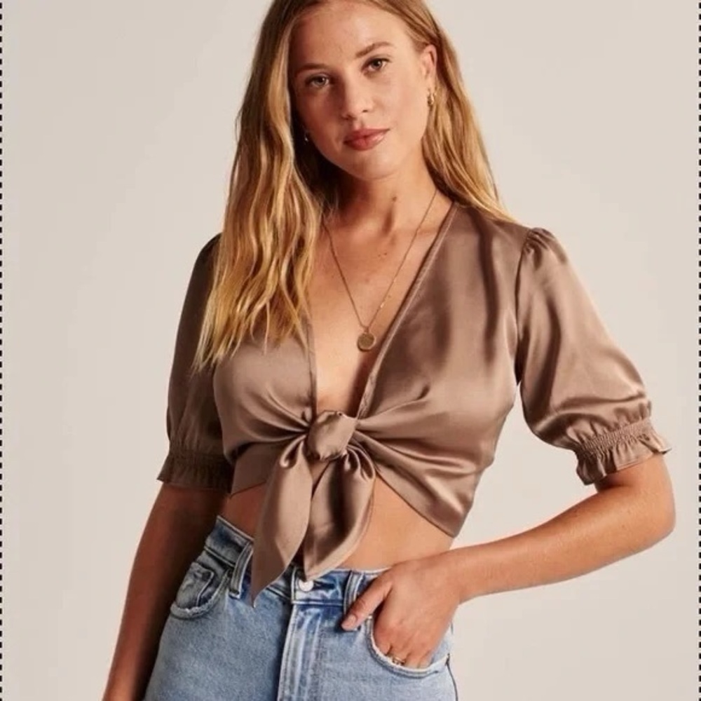 Abercrombie & Fitch Satin Tie-Front Crop Top - Brown